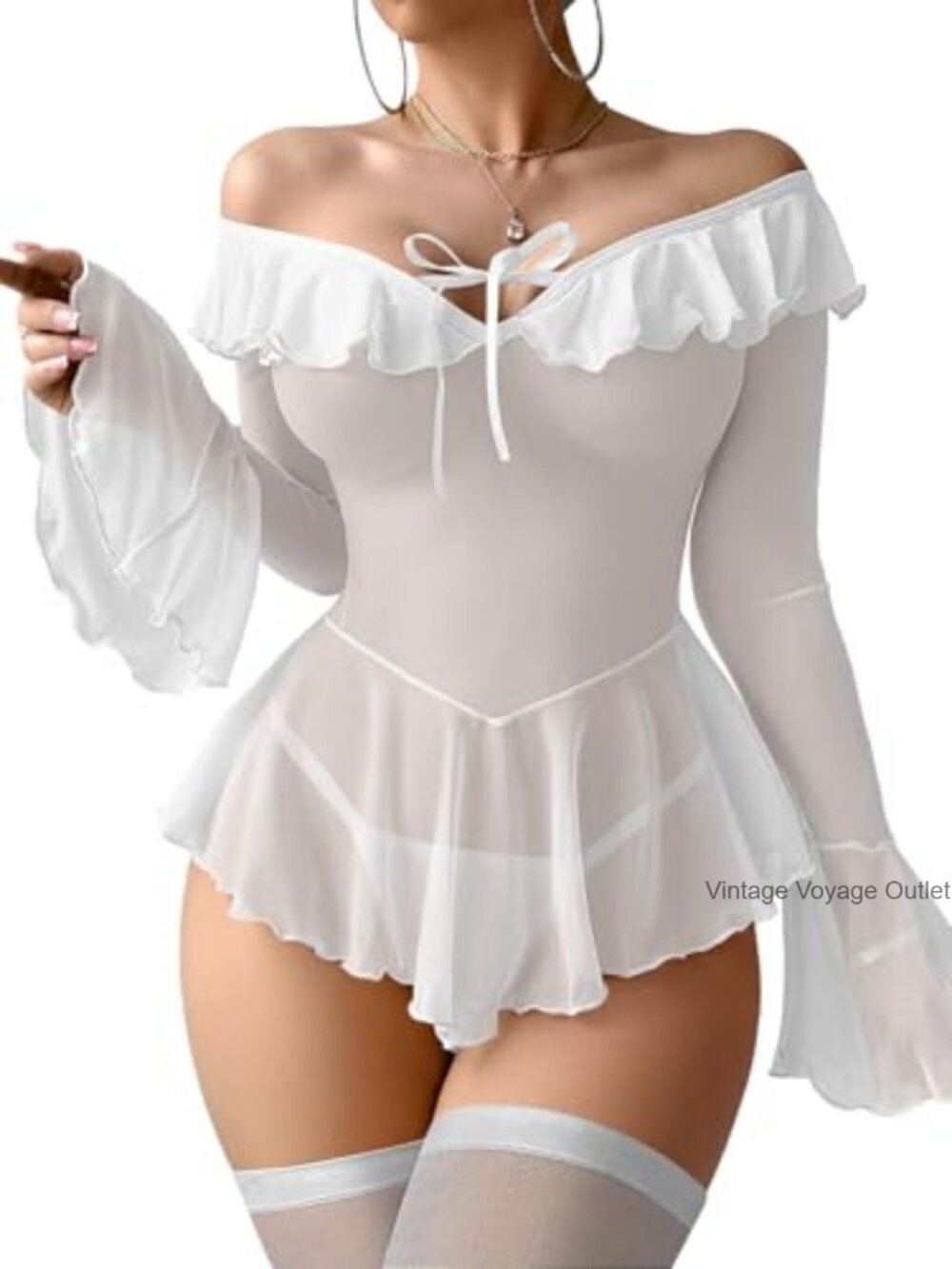 Sexy Sheer Mesh Babydoll Lingerie Set with Stockings & Thong - Picture 5 of 7